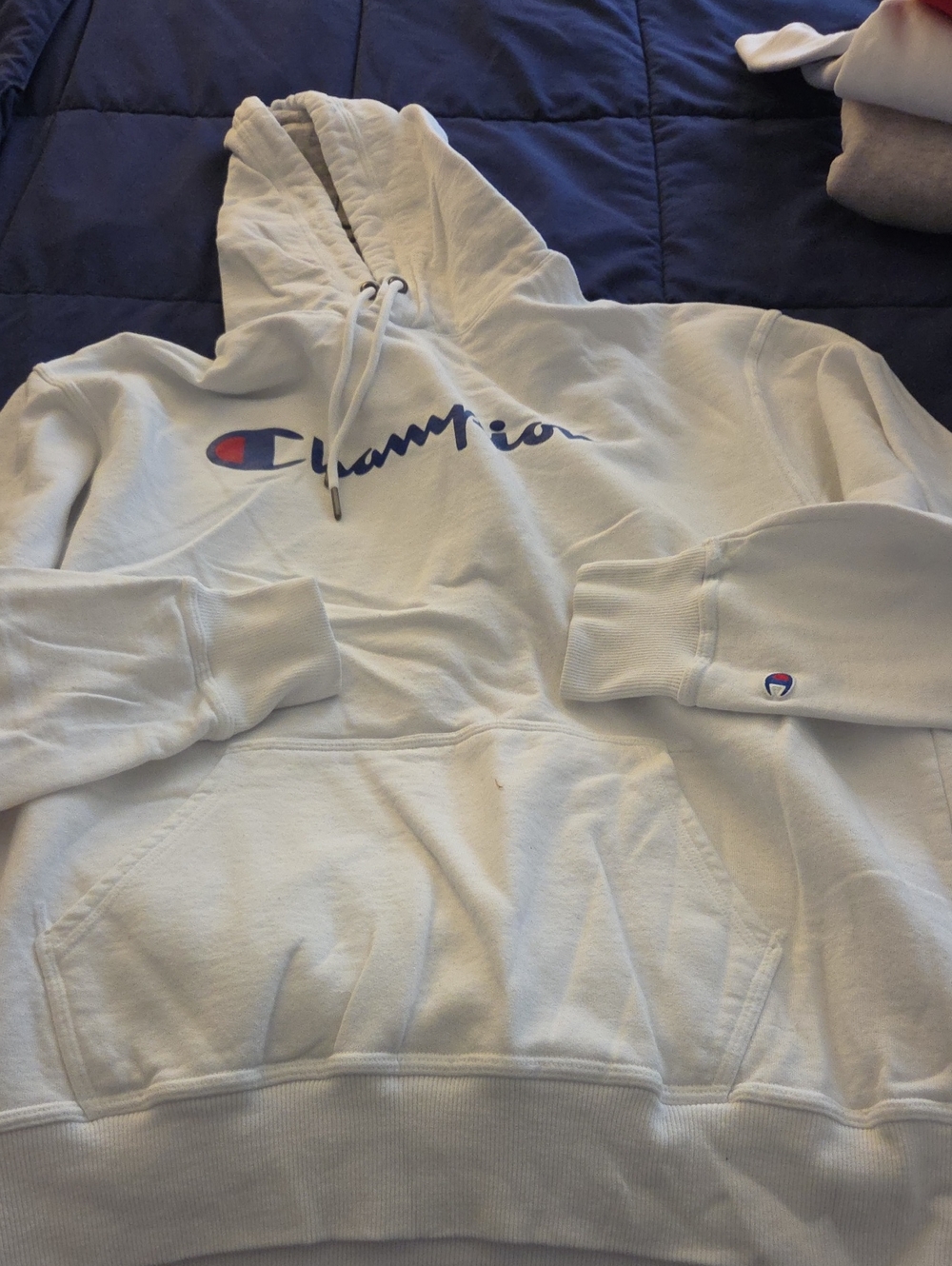 CHAMPION HOODIE WHITE WITH BLUE SIZE LARGE